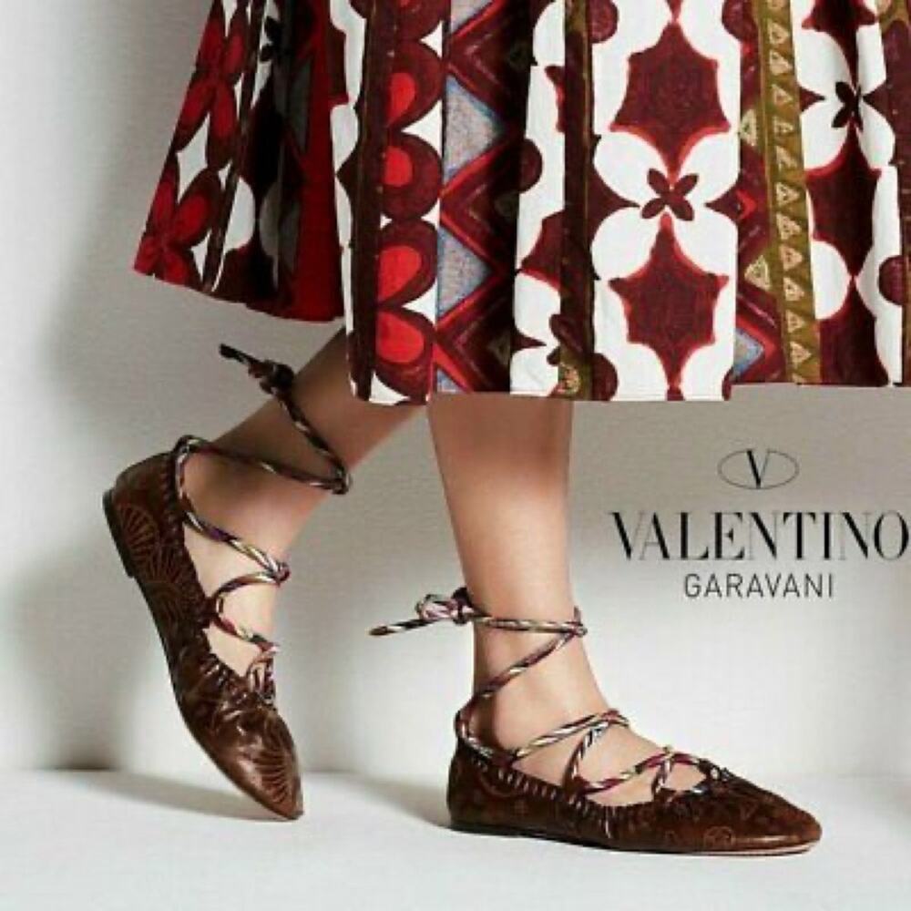 Valentino Santeria Ankle Tie Ballet Flats Brown Embossed Leather EU Size 37.5